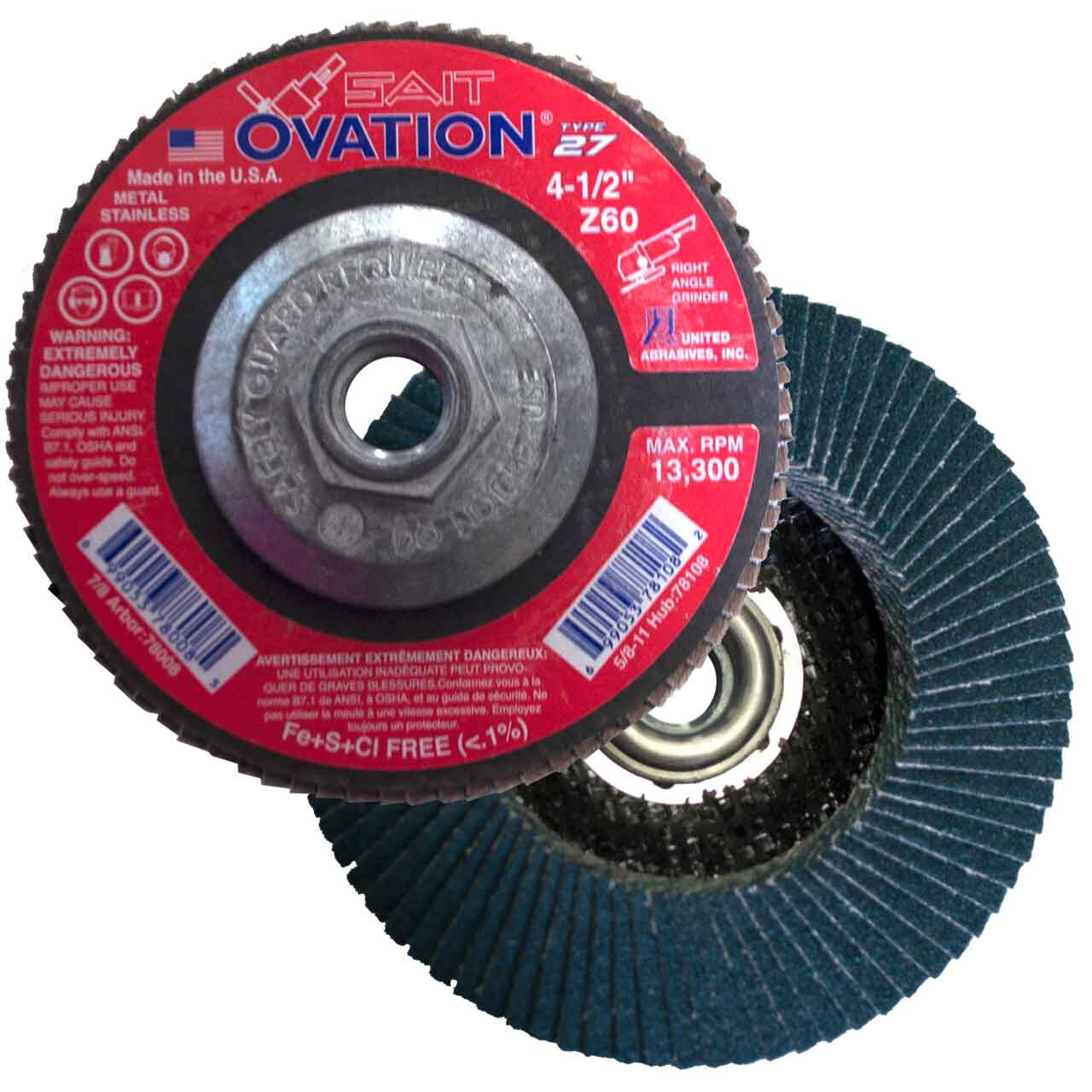 SAIT 78108 Ovation Flap Disc 4 1/2" X 5/811" 60 Grit Type 27 Flap Disc