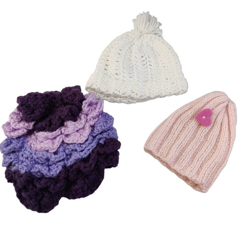Baby Girl Hat Beanie Hand Crocheted 0-6 months PHOTO PROP Lot of 3 Pink Purple - Picture 2 of 8