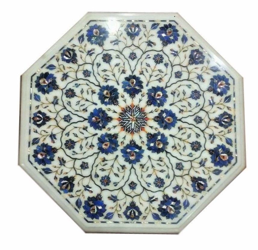 18-inch Handmade Marble End Table with Lapis Floral Inlay Home Decor Craft