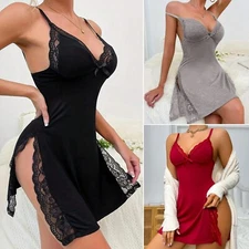 Sexy Side Split Babydoll Lingerie for Women V-neck Lace Trim Sleep Dress Chemise