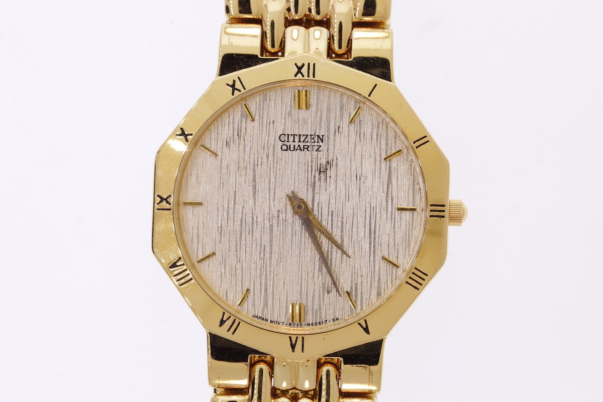 Citizen 6020-S50362 Decagon Japan Bark Dial Roman Numeral Bezel Gold Tone Watch Mens Gold Tone Citizen Quartz 6020-G40812 Statement Watch - Etsy main image 4
