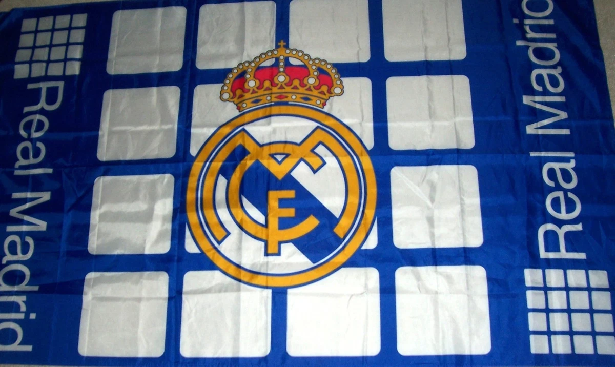 Europa, anno 2021, Real Madrid Football Club bandiera e stemma squadra nel nuovo campionato Super League, illustrazione Foto stock