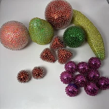 Vintage Push Pin Sequined Beaded Faux Fruit Decor Set 18 Pieces READ