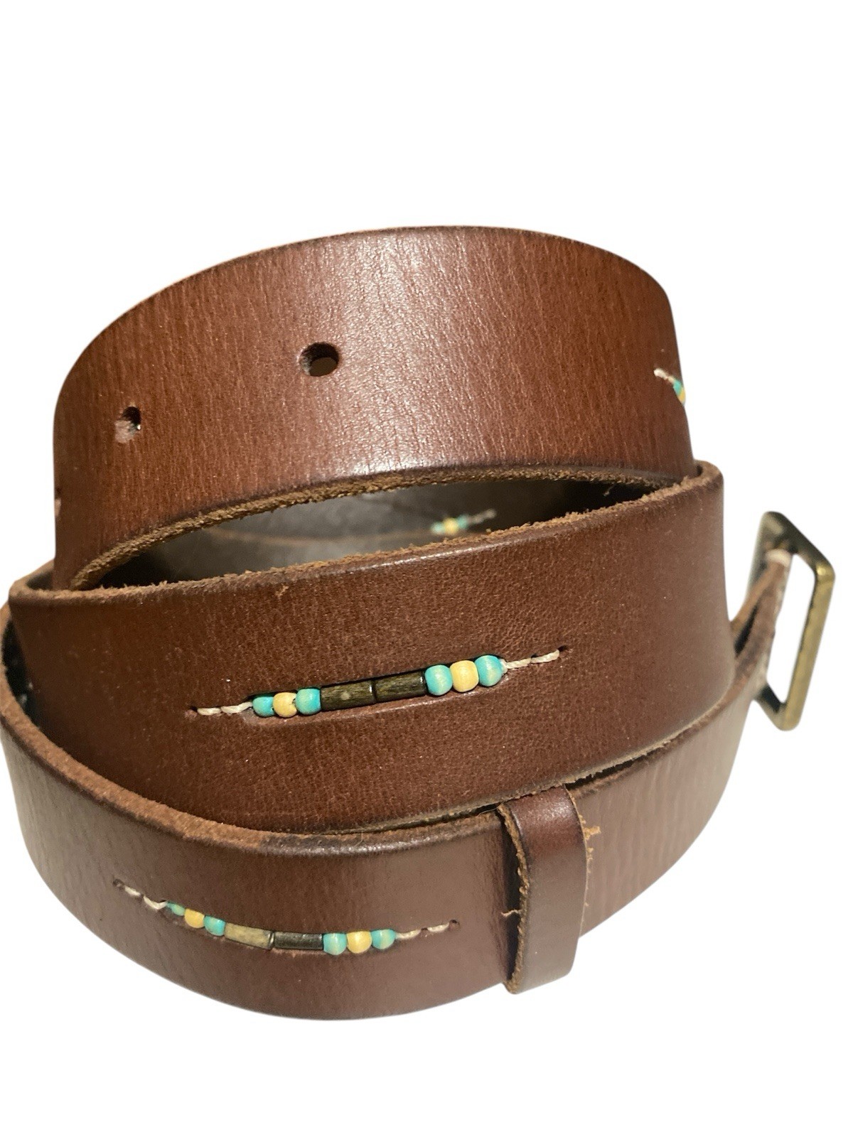Boho Brown Leather Belt with Colorful Beaded Stitching Womens Size M Vintage-image