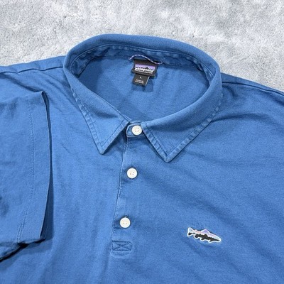 Patagonia Polo Shirt Mens Large Blue Organic Trout Fitz Roy Fish Logo 52206