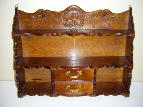 Vintage Wooden Wall Shelf Display With 2-Drawers Etched Shell Design