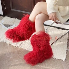 Womens Winter Real Mongolian Fur Sheep Fur Snow Warm Mid Calf Boots Fashion Lady