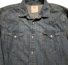 Levis Shirt Pearl Snap Navy Denim Button Up Western Red Tab Logo Mens Small