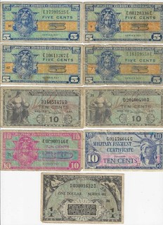 Lot of (9) U.S. MILITARY PAYMENT CERTIFICATES Mixed Denominations and Series