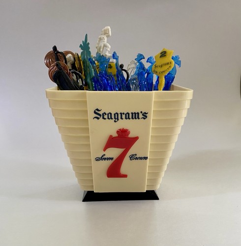 Vtg MCM Seagrams 7 Crown Bar Ware Display Holder & 36 Swizzle Sticks