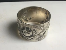 Rare unusual heavy Antique wild Rose repousse continental silver napkin ring 51g