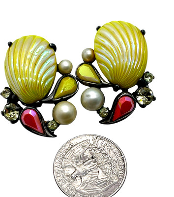 RARE Pair of Vintage Schiaparelli Yellow Iridescent Sea Shell Earrings