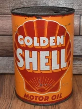 Vintage Golden Shell Motor Oil One Quart Advertising Tin Gas & Oil Can