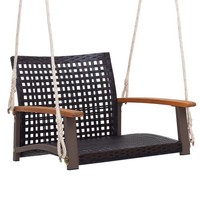 Rattan Hanging Swing Chair Outdoor Single Seat with Wooden Arms PE Wicker Brown