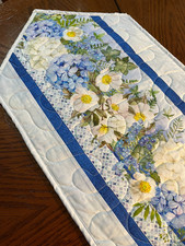 Handcrafted-Quilted Table Runner-Blooming Beauties, Blue  White Flower NEW 2025