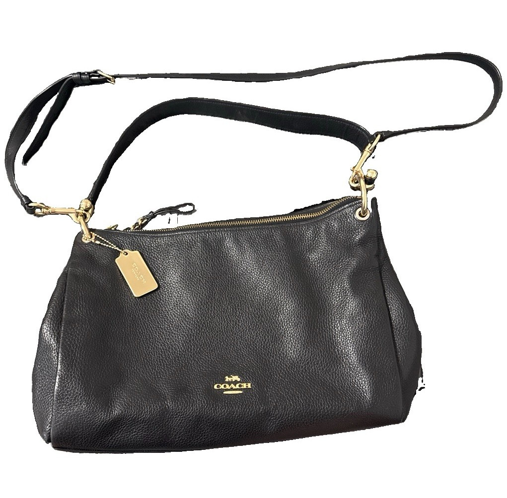 Coach Black Pebbled Crossbody Bag, Zip Top, Gold Hardware, Detachable Strap