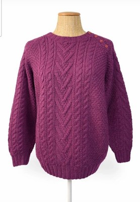 Talbots Vintage Zopfmuster Wollpullover lila Fischerstil Schulterknöpfe 