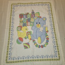 Vintage Baby Boy Thin Quilt Blanket Featuring Blue Teddy Bear And Toys