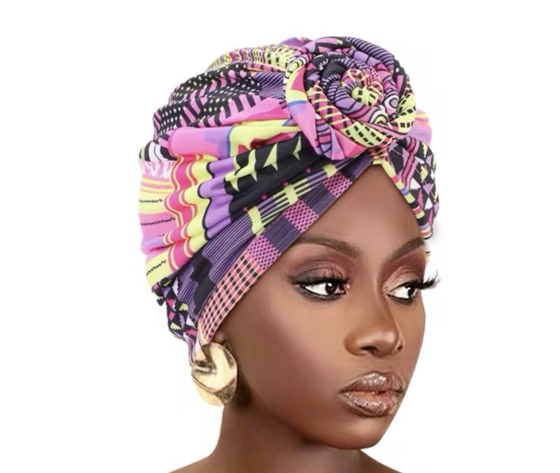 Women’s Pink Yellow Multicolor Geometric Turban Headwrap Hat w/ Bow, One Size