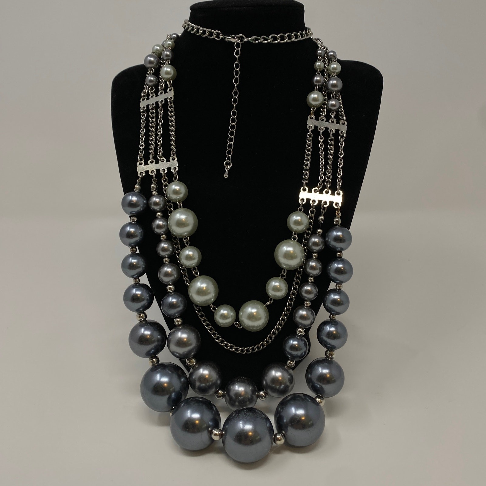 Grey Pearl Statement Necklace with Silver Tone Curb Chain Bib Layered Party Wear
