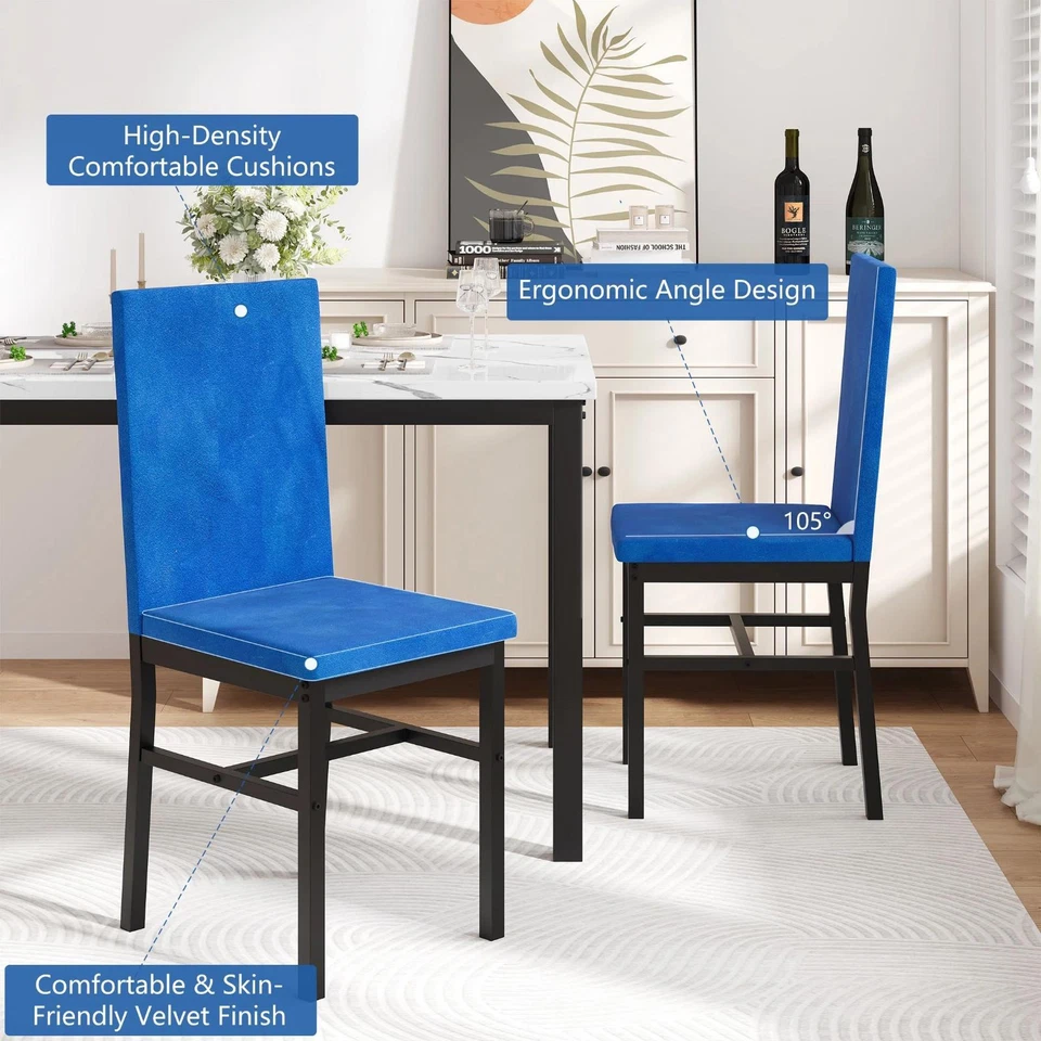 Modern 5 Piece Dining Room Faux Marble Table Set Blue Velvet Upholstered Chairs - Image 4 of 4