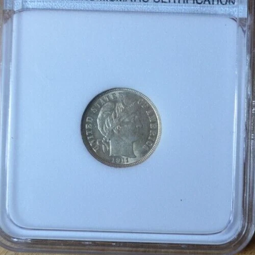1911 Barber Dime 10c Choice BU light gold attractive toning, perfect type coin