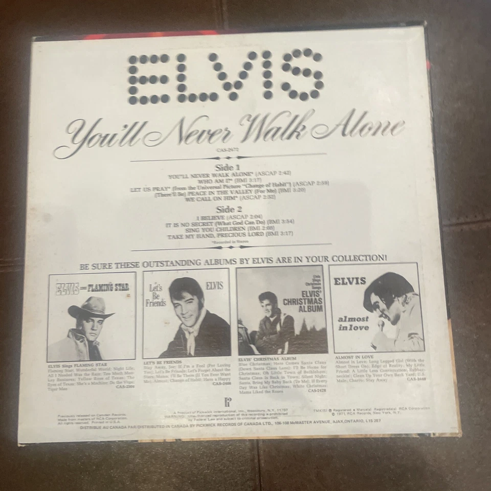 VTG- Elvis Presley You'll Never Walk Alone Record 33 RPM LP CAS-2472 Camden 1971 - Image 3 of 4