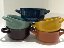 Over & Back Soup Bowls  Set of 5 Stoneware Handles Various Rich Colors