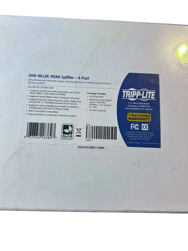 Tripp-Lite UHD 4Kx2K HDMI Splitter - 4-Port Model B118-004-UHD NEW NIB - Image 2 of 3
