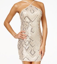 Crystal Doll Juniors Sequin Bodycon Strappy Prom Dress Gold/Champagne Size 5 NWT