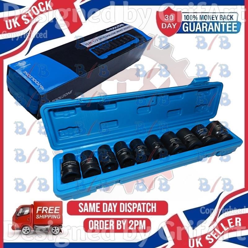 10PC 1/2"" SQUARE OPTI DRIVE 6 POINT METRIC SHALLOW IMPACT SOCKET SET 10MM-24MM