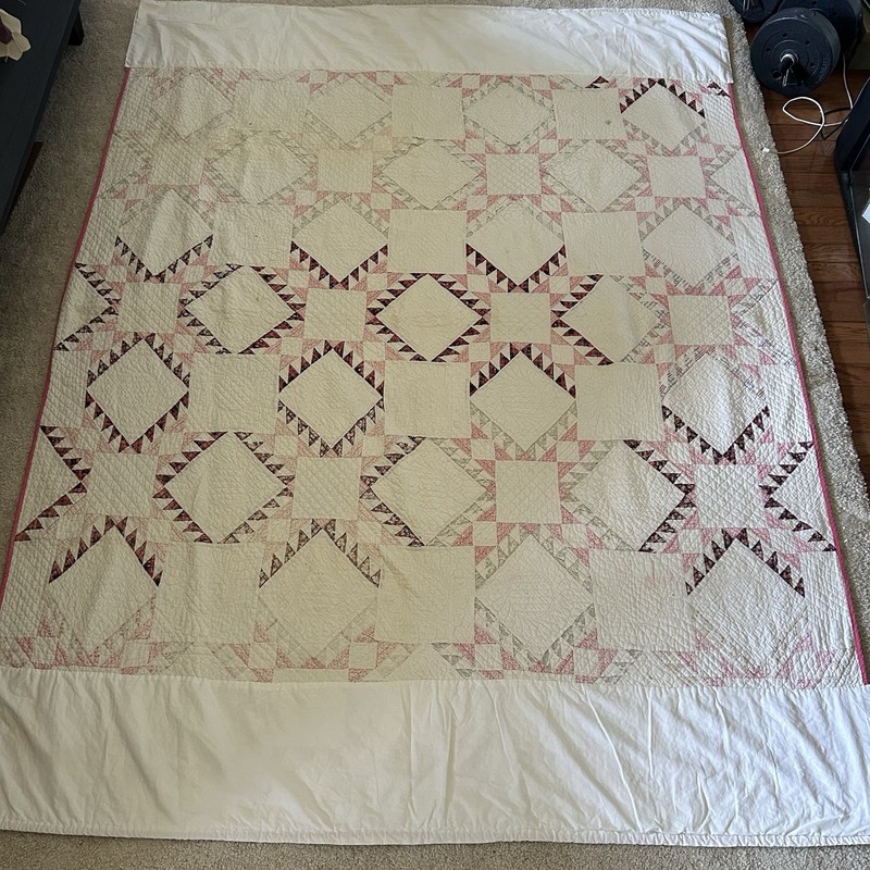 Vintage Handmade Sawtooth Star Quilt – Hand Quilted Pink & Burgundy Patchwork