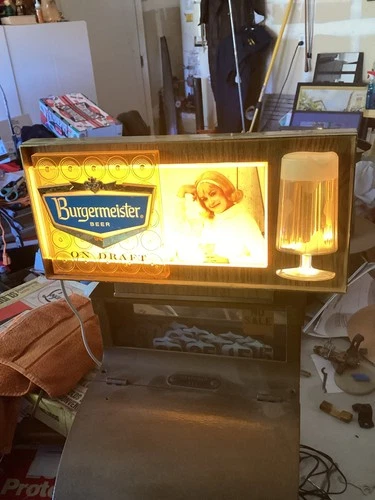 Vintage 1965 BURGERMEISTER BEER Bubbler motion sign with woman having a beer