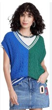 Wild Fable Womems Med Sweater Vest Oversized Cable-Knit V-Neck Blue  Green