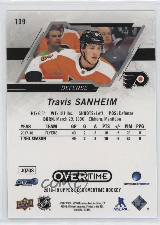 2018-19 Upper Deck Overtime Red Foil /99 Travis Sanheim #139 - Image 2 of 2