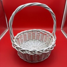 Vintage Large White Wicker Basket with Handle Easter Decor Farmhouse Cottage