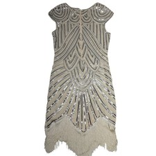 Women s Flapper Dress Beaded Sequin Fringe Gatsby 1920s Champagne Silver