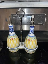 Oil and Vinegar Set Blue, Yellow And Cream Ceramic.  Adds Color