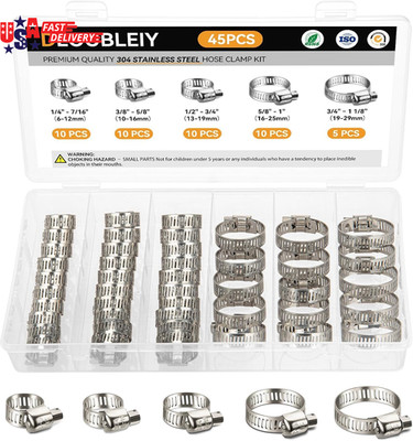 45PCS Hose Clamp Assortment Kit Stainless Steel Hose Clamps with Worm Gear Adjus