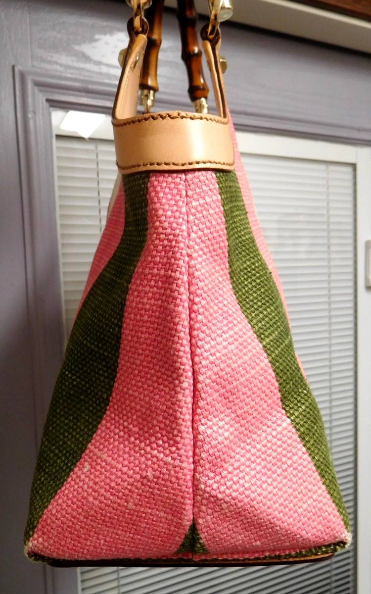 GUCCI Multicolor Pink/Green/White Stripe Satchel Bag Bamboo Handle