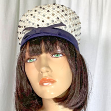 vintage Pillbox cap Day hat Straw dot Navy white Bubble 60s Noreen mod GoGo pop