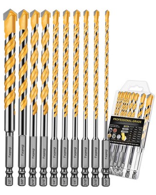 10PCS 6-Inch Masonry Drill Bit Set, YG10X Carbide Tipped, Shockproof Hex Shank,