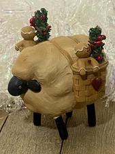 Blossom Bucket Figurine Sheep Gingerbread Folk Art Suzi Christmas (Repaired)