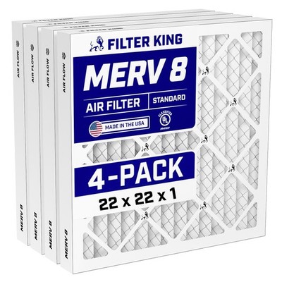 Filter King 22x22x1 Air Filter 4-PACK MERV 8 Actual Size 21.5 x 21.5 x .75''