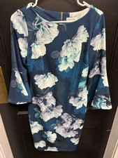 Calvin Klein Blue Floral 3/4 Bell Sleeve Stretch Sheath Dress Size 4