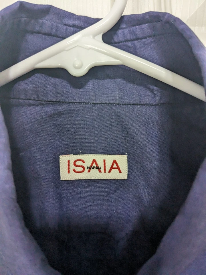 Camisa informal Isaia Napoli para hombre 15,5 azul con botones manga corta Foto 4 de 4