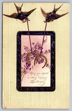c1910 Embossed Birthday Greeting Birds Floral Vintage Postcard