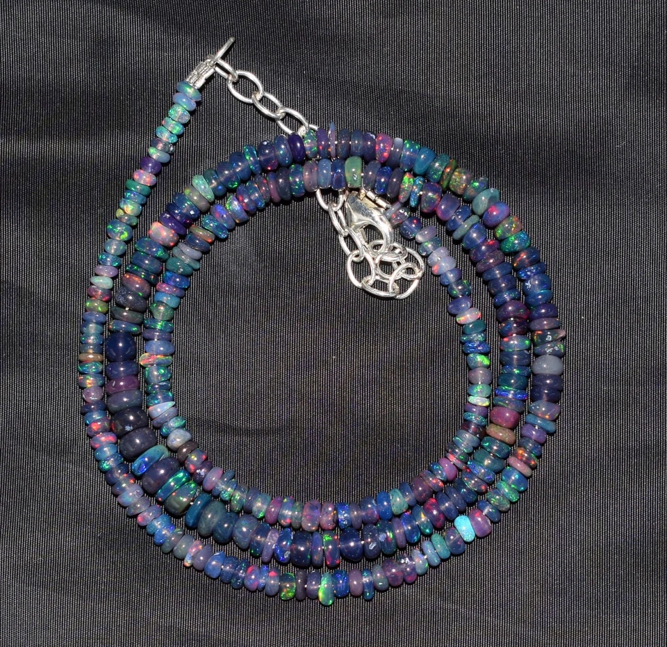 Nera Naturale Etiope Opale di Fuoco Tondo Perline 16'' Collana 925 Argento F3745 - Immagine 3 di 4