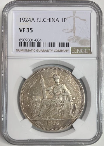 1924 French Indo China Piastre NGC VF35 Silver Coin 1P Paris Mint A