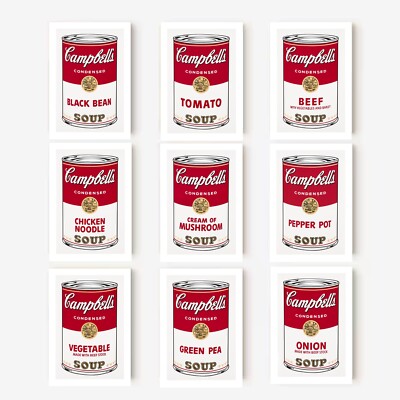 Andy Warhol - Set mit 9 Campbell's Suppendosen, Größe 5x7 cm, Wandkunstdrucke.